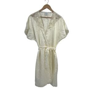 Vintage Sara Beth Ivory Floral Print Lace Detail Short Sleeve Robe Small Bridal